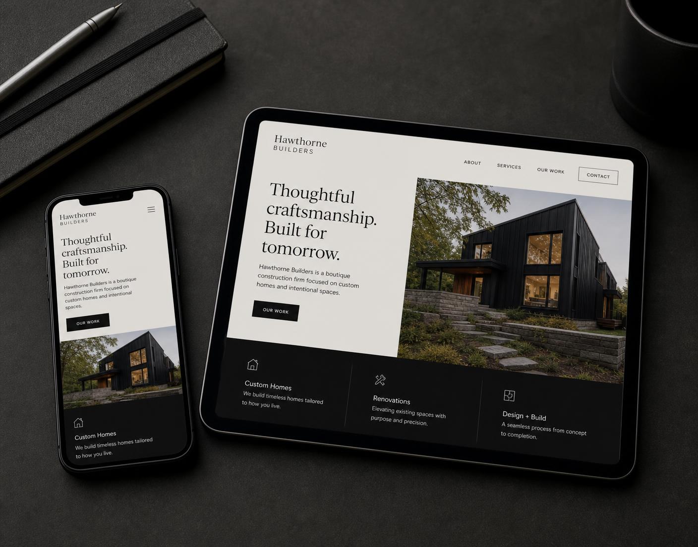 Phone and tablet showing a homepage concept for a local business